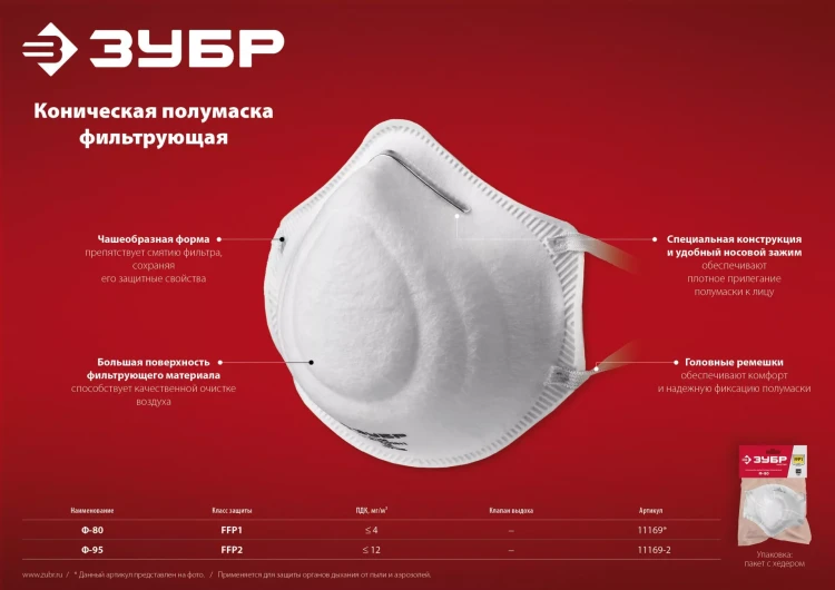 ЗУБР Ф-95, класс защиты FFP2, коническая, фильтрующая полумаска (11169-2) купить в Нягани
