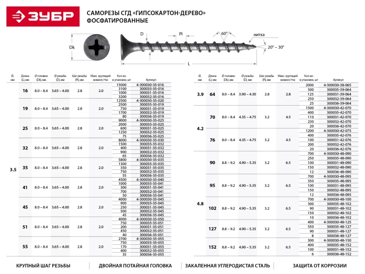 Саморезы фосфатированные с крупной резьбой, гипсокартон-дерево, ЗУБР 300031-42-070, PH2, 4,2 x 70 мм, 110 шт 300031-42-070 купить в Нягани