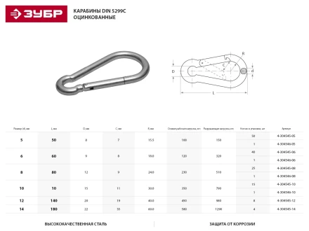 Карабин ЗУБР &quot;МАСТЕР&quot; DIN 5299С, оцинкованный, 12мм, 8 шт 4-304545-12 купить в Нягани