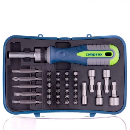 Отвертка реверсивная с набором бит и торцевыми головками 35 шт CrV Сибртех 13337 купить в Нягани