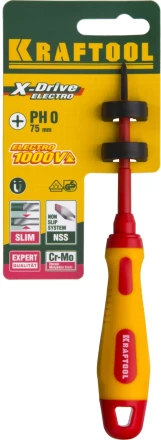 Отвертка KRAFTOOL, высоковольтная, Cr-Mo-V стержень, двухкомпонент. маслобензостойкая рукоятка, PH №0, 60мм 250084-0-060 купить в Нягани