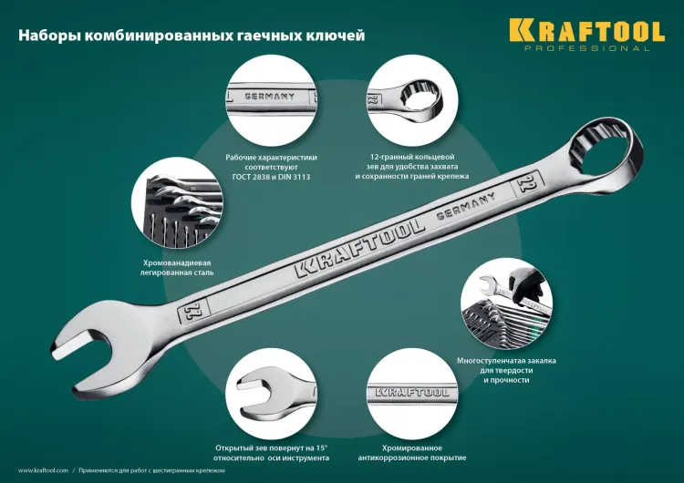 Наборы ключей комбинированных KRAFTOOL, Cr-V, DIN 3110, в EVA-ложементе 27079-H18E купить в Нягани