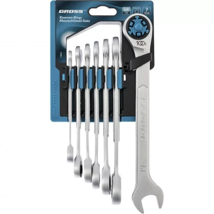 Набор ключей комбинированных трещоточных количество зубьев 100 СRV 7 шт 8-19 мм Gross 14859 купить в Нягани