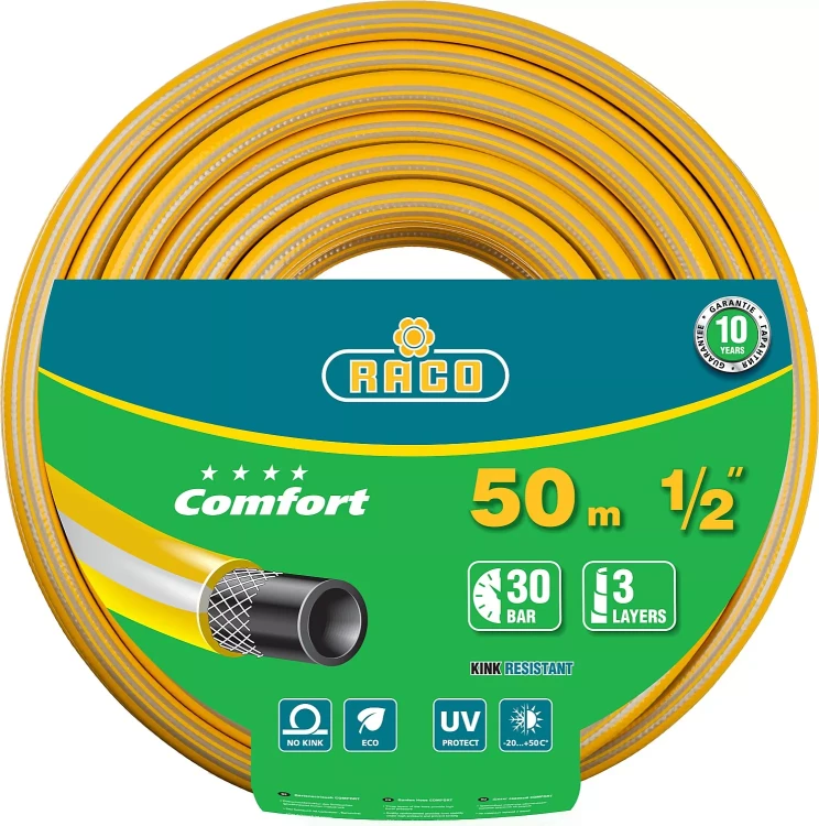 Шланг RACO "COMFORT" поливочный, 30атм., армированный, 3-х слойный, 1/2"х50м 40303-1/2-50 купить в Нягани