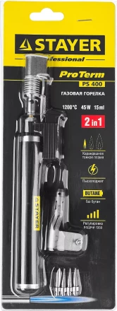 Газовая горелка STAYER &quot;PROFESSIONAL&quot;, 2в1, пьезоподжиг, регулировка пламени, 4 насадки, 1200С 55505-H6 купить в Нягани