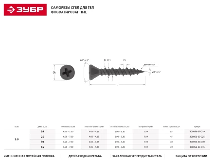 Саморезы ЗУБР &quot;МАСТЕР&quot; фосфатированные, для гипсоволоконных листов, двухзаходная резьба, 3.9x25мм, 45шт 300056-39-025 купить в Нягани