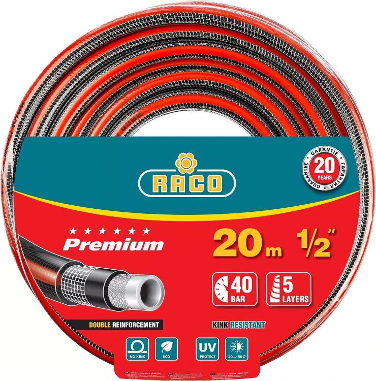 Шланг RACO "PREMIUM" поливочный, 40атм., армированный, 3-х слойный, 1/2"х20м 40300-1/2-20 купить в Нягани