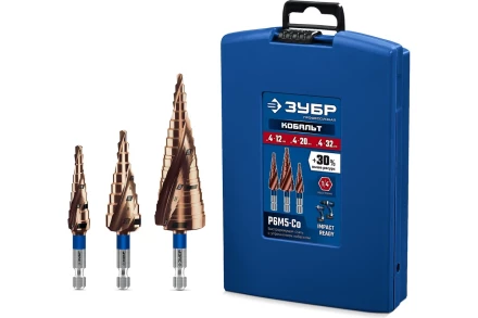 ЗУБР КОБАЛЬТ 3 шт, 4-32мм, винтовая проточка, набор ступенчатых сверл, ПРОФЕССИОНАЛ (29674-4-32-H3) купить в Нягани