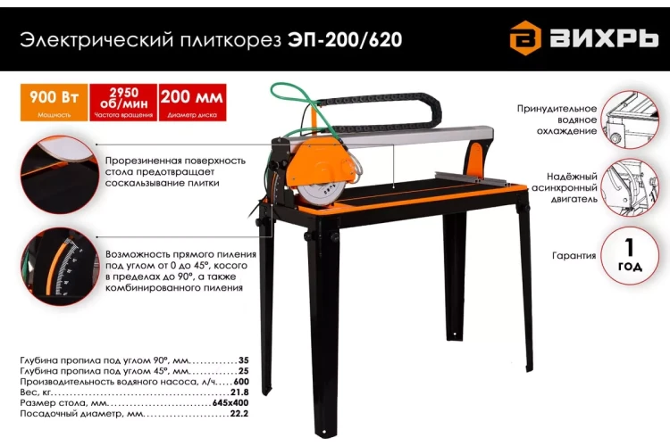 Электрический плиткорез с водяным охлаждением Вихрь ЭП-200/620 72/22/2 купить в Нягани