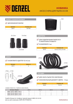 Шланг для пылесоса 4 м с адаптерами для Denzel RVC20, RVC30, LVC20, LVC30 28219 купить в Нягани