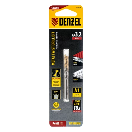 Сверло спиральное по металлу 3,2 x 65 мм, Р6М5, Golden Tip , 2шт. Denzel 718226 купить в Нягани