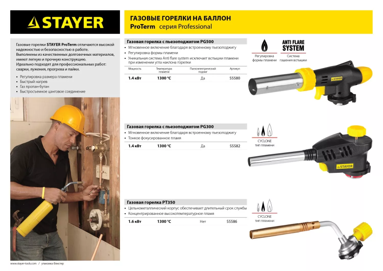 Газовая горелка "ProTerm" на баллон, STAYER "PROFESSIONAL" 55582, с пьезоподжигом, регулировка пламени, вихревое пламя, цанговое соединение, 1300С 55582 купить в Нягани
