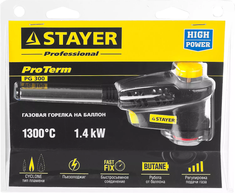 Газовая горелка "ProTerm" на баллон, STAYER "PROFESSIONAL" 55582, с пьезоподжигом, регулировка пламени, вихревое пламя, цанговое соединение, 1300С 55582 купить в Нягани
