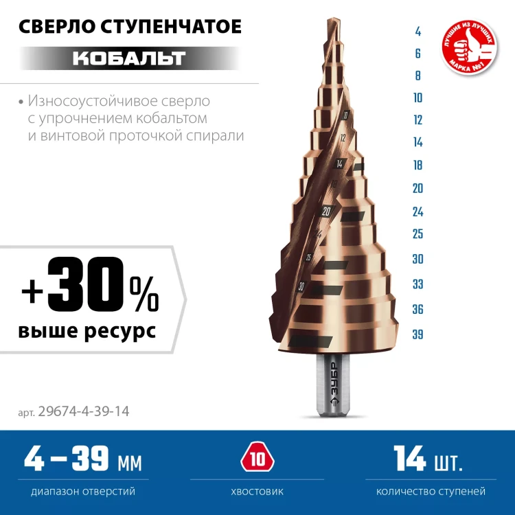 ЗУБР КОБАЛЬТ 4-39мм, 14 ступеней, винтовая проточка, сверло ступенчатое, серия Профессионал(29674-4-39-14) купить в Нягани