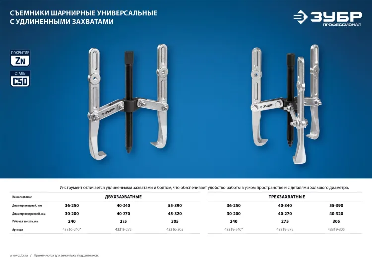 ЗУБР внешний d 55 - 390 мм, внутренний d 40 - 320 мм, шарнирный двухзахватный съемник с удлиненными захватами, Профессионал (43316-305) купить в Нягани