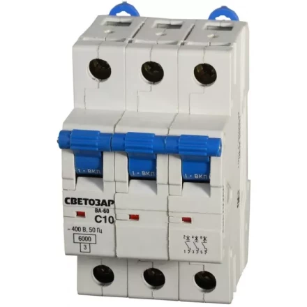 Выключатель автоматический СВЕТОЗАР 3-полюсный, 10 A, &quot;C&quot;, откл. сп. 6 кА, 400 В SV-49063-10-C купить в Нягани