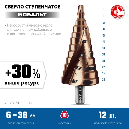 ЗУБР КОБАЛЬТ 6-38мм, 12 ступеней, винтовая проточка, сверло ступенчатое, ПРОФЕССИОНАЛ (29674-6-38-12) купить в Нягани