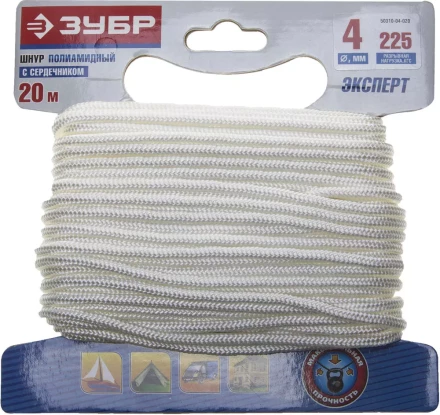 Шнур ЗУБР полиамидный, плетеный, повышенной нагрузки, с сердечником, белый, d 4, 20м 50310-04-020 купить в Нягани