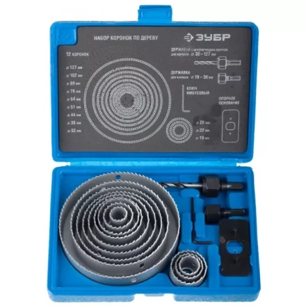 Набор ЗУБР &quot;ЭКСПЕРТ&quot; Коронки по дереву 19-127мм, державка 19-30мм, державка с опорн. основан, ключ имбус. 2,5мм, 15 пред 29554-H15_z01 купить в Нягани