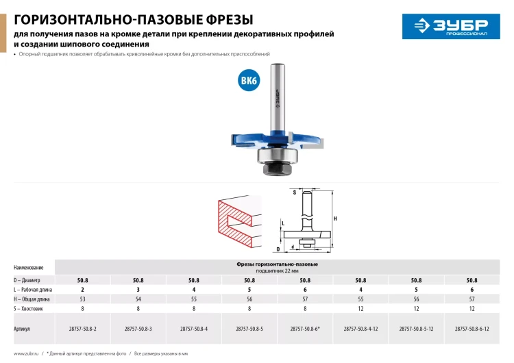 ЗУБР 50.8 x 6 мм, хвостовик 8 мм, фреза горизонтально-пазовая, Профессионал (28757-50.8-6) купить в Нягани