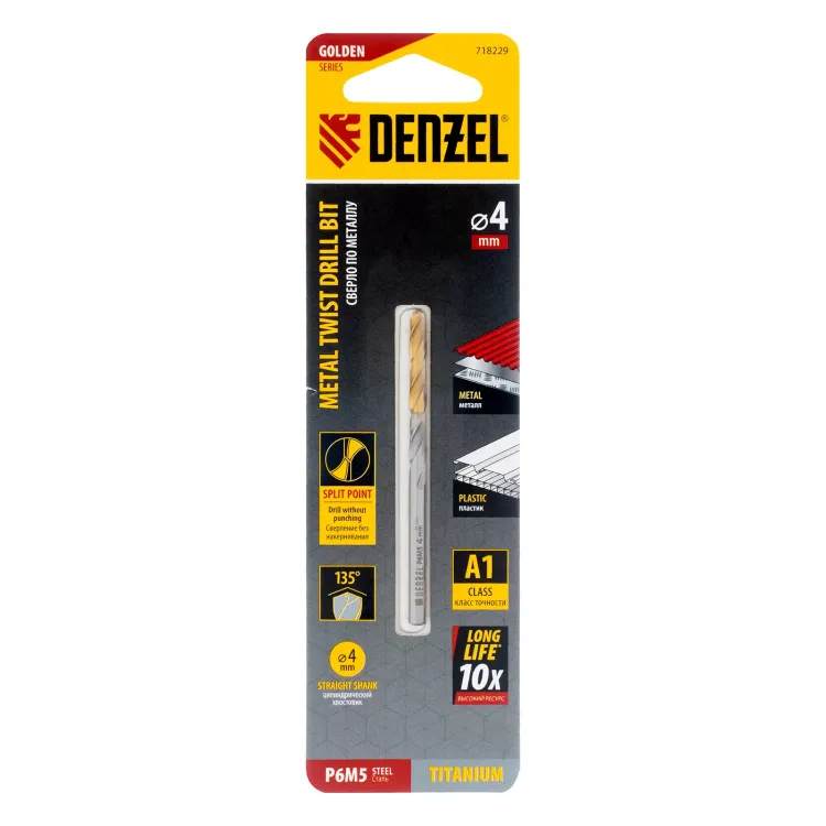 Сверло спиральное по металлу Denzel 4 x 75 мм, Р6М5, Golden Tip, 718229 купить в Нягани