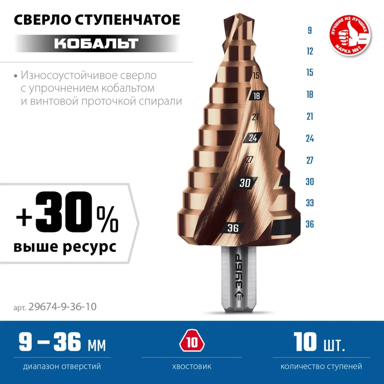 ЗУБР КОБАЛЬТ 9-36мм, 10 ступеней, винтовая проточка, сверло ступенчатое, ПРОФЕССИОНАЛ (29674-9-36-10) купить в Нягани