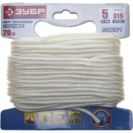 Шнур ЗУБР полиамидный, плетеный, повышенной нагрузки, с сердечником, белый, d 5, 20м 50310-05-020 купить в Нягани