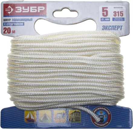 Шнур ЗУБР полиамидный, плетеный, повышенной нагрузки, с сердечником, белый, d 5, 20м 50310-05-020 купить в Нягани