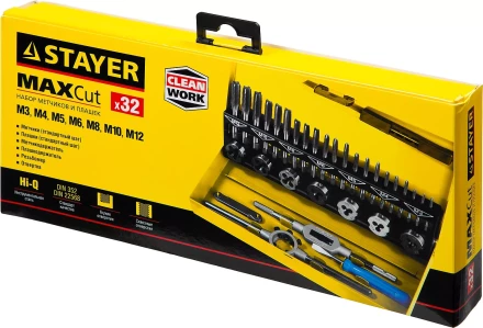 Набор метчиков и плашек STAYER &quot;MASTER&quot;, плашки 7шт, метчики компл. 21шт, метчикодерж. 1шт, плашкодерж. 1шт, резьбомер 1шт, отвертка 1шт, 32 предмета 28014-H32 купить в Нягани