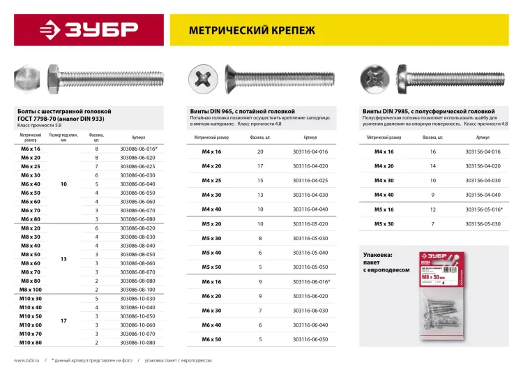 Винт DIN 965, M5 x 30 мм, 8 шт, кл. пр. 4.8, оцинкованный, ЗУБР 303116-05-030 купить в Нягани