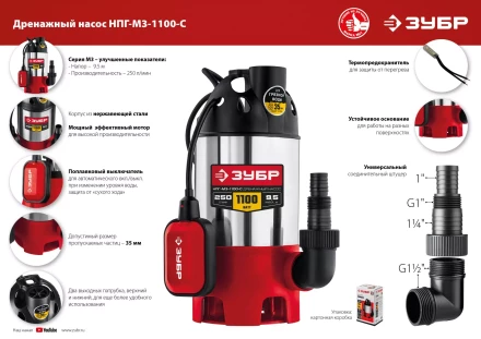 ЗУБР 1100 Вт, дренажный насос для грязной воды, корпус - нерж. сталь (НПГ-М3-1100-С) купить в Нягани