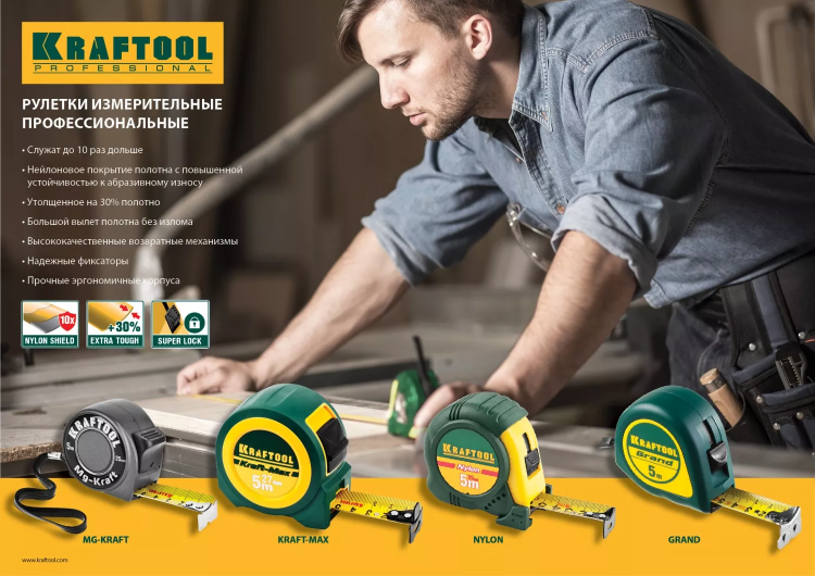 Рулетка KRAFTOOL "MG-Kraft", особопроч корпус, Mg сплав, нейлон покрытие, суперкомпакт размер, 5м/19м 34129-05-19 купить в Нягани