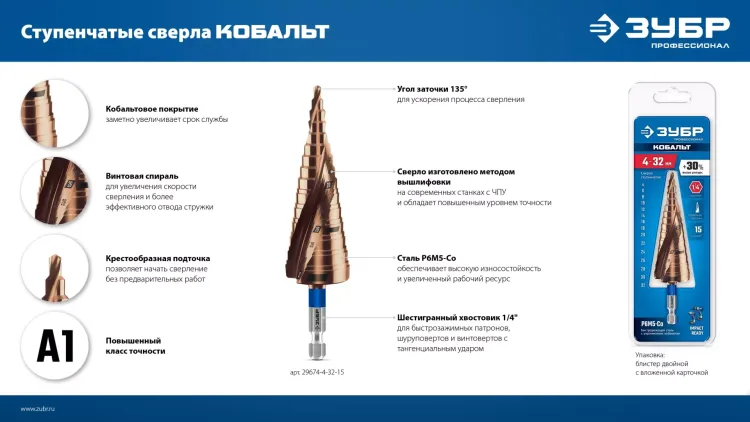 ЗУБР КОБАЛЬТ 6-30мм, 13 ступеней, винтовая проточка, сверло ступенчатое, ПРОФЕССИОНАЛ (29674-6-30-13) купить в Нягани