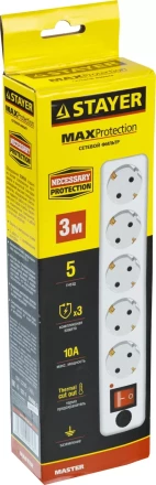 Сетевой фильтр STAYER &quot;MASTER&quot; электрический, 5 гнезд, макс. мощн. 2200 Вт, 3м 55066-3 купить в Нягани