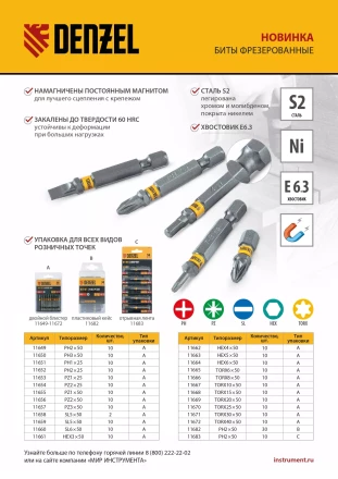 Бита PH2х50, сталь S2, шестигранный профиль, 10 шт. Е 6,3 Denzel 11649 купить в Нягани