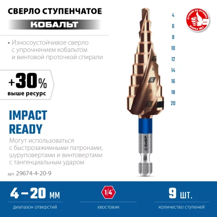 ЗУБР КОБАЛЬТ 4-20мм, 9 ступеней, винтовая проточка, сверло ступенчатое, серия Профессионал(29674-4-20-9) купить в Нягани