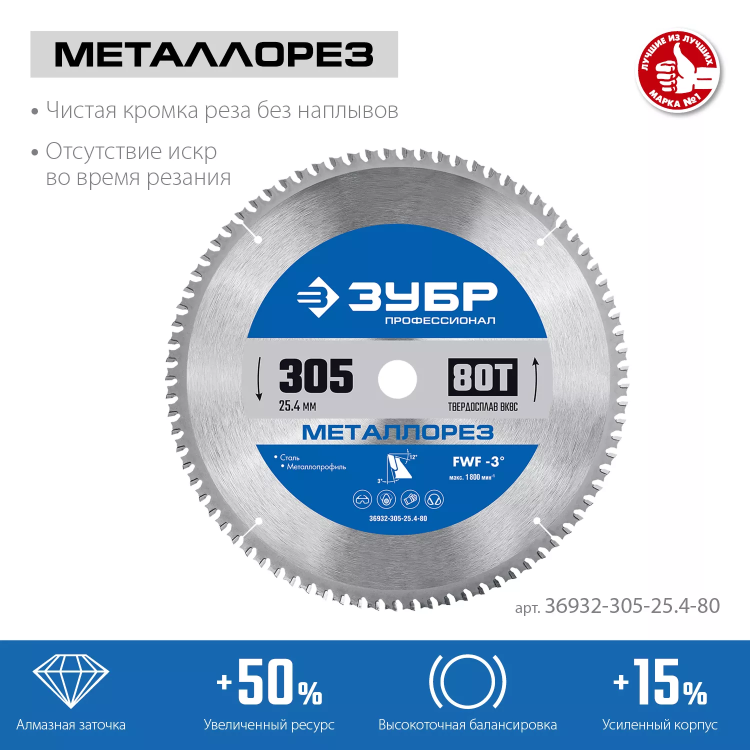 ЗУБР Металлорез, 305 х 25.4 мм, 80Т, пильный диск по металлу и металлопрофилю, Профессионал (36932-305-25.4-80) купить в Нягани