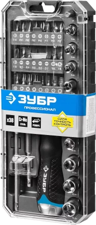 Набор ЗУБР &quot;ПРОФЕССИОНАЛ&quot;: Отвертка реверсив с двухкомп рукоят, насадки, CrMo, рукоят с отсеком для хранения бит, 38 предметов 25352-H38 купить в Нягани