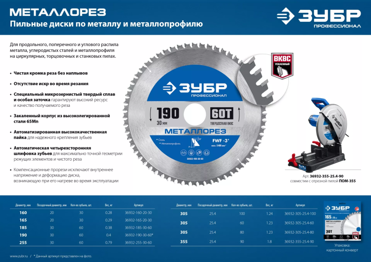 ЗУБР Металлорез, 355 х 25.4 мм, 90Т, пильный диск по металлу и металлопрофилю, Профессионал (36932-355-25.4-90) купить в Нягани