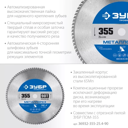 ЗУБР Металлорез, 355 х 25.4 мм, 90Т, пильный диск по металлу и металлопрофилю, Профессионал (36932-355-25.4-90) купить в Нягани