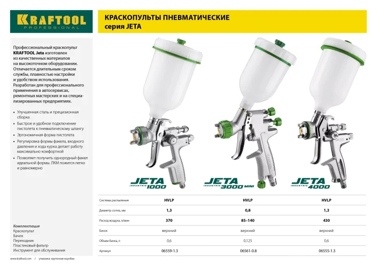 Краскопульт пневматический KRAFTOOL "PRO" Jeta 1000, HVLP, c верхним бачком, 1,3мм 06559-1.3 купить в Нягани