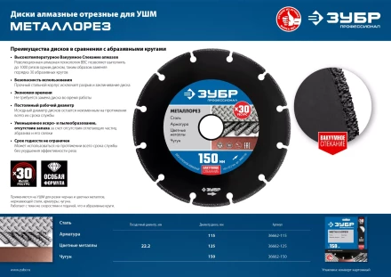 ЗУБР МЕТАЛЛОРЕЗ 115 мм, вакуумное спекание, алмазный диск по металлу, Профессионал (36662-115) купить в Нягани