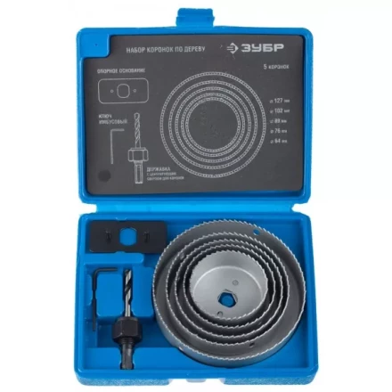 Набор ЗУБР &quot;ЭКСПЕРТ&quot; Коронки по дереву 64-127мм, державка с опорным основанием, ключ имбусовый 2,5мм, 7 предметов 29553-H7_z01 купить в Нягани