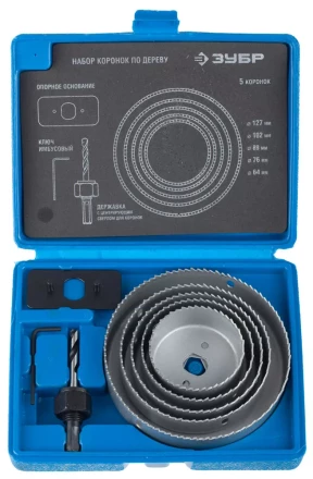 Набор ЗУБР &quot;ЭКСПЕРТ&quot; Коронки по дереву 64-127мм, державка с опорным основанием, ключ имбусовый 2,5мм, 7 предметов 29553-H7_z01 купить в Нягани