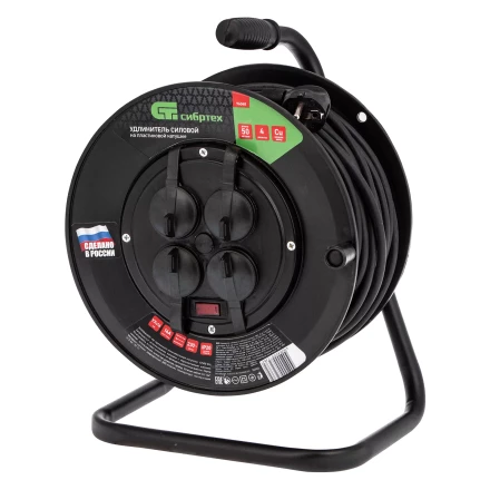 Удлинитель силовой на кабельной катушке, ПВС, 50 м, 4 розетки с крышкой, IP44, 16А, УХз16, Россия Сибртех 96048 купить в Нягани