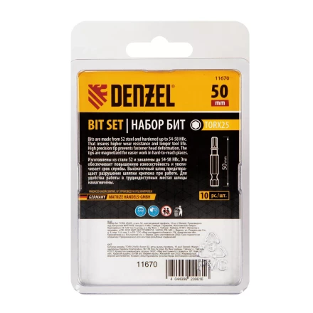 Бита TX 25х50, сталь S2, шестигранный профиль, 10 шт. Е 6,3 Denzel 11670 купить в Нягани