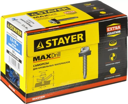 Саморезы СКМ кровельные, RAL 5005 синий насыщенный, 19 x 5.5 мм, 500 шт, для металлических конструкций, STAYER 30305-55-019-5005 купить в Нягани