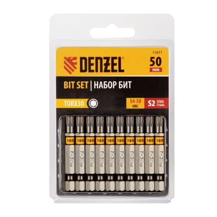 Бита TX 30х50, сталь S2, шестигранный профиль, 10 шт. Е 6,3 Denzel 11671 купить в Нягани
