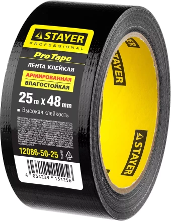 Армированная лента, STAYER Professional 12086-50-25, универсальная, влагостойкая, 48мм х 25м, черная 12086-50-25 купить в Нягани
