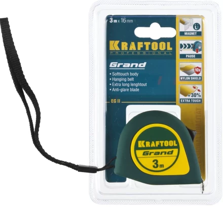 Рулетка KRAFTOOL GRAND, обрезиненный пластиковый корпус, 3м/16мм 34022-03-16 купить в Нягани